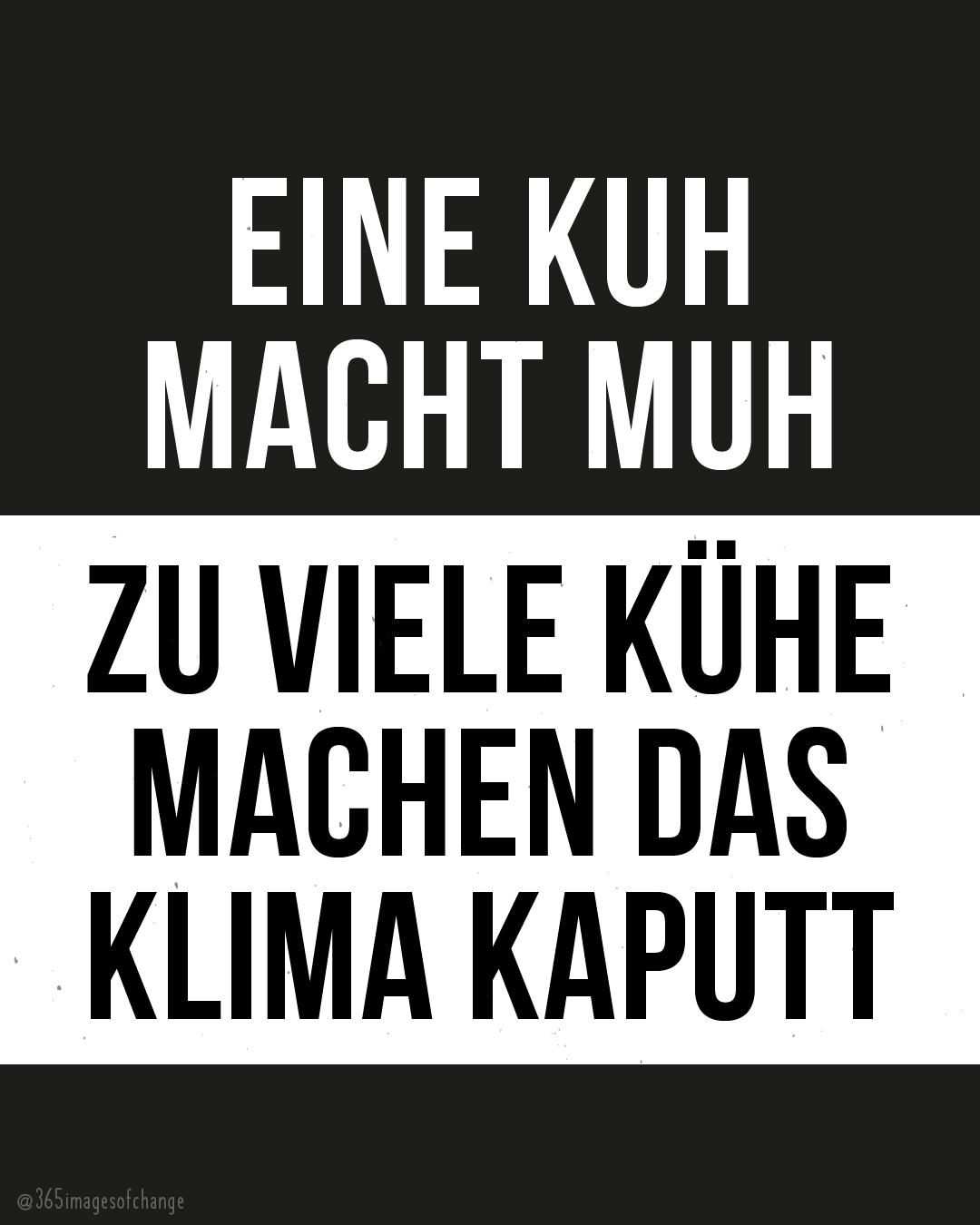 Schwarz Weiß in großer Schrift: Eine Kuh macht Muh, zu viele Kühle machen das Klima kaputt