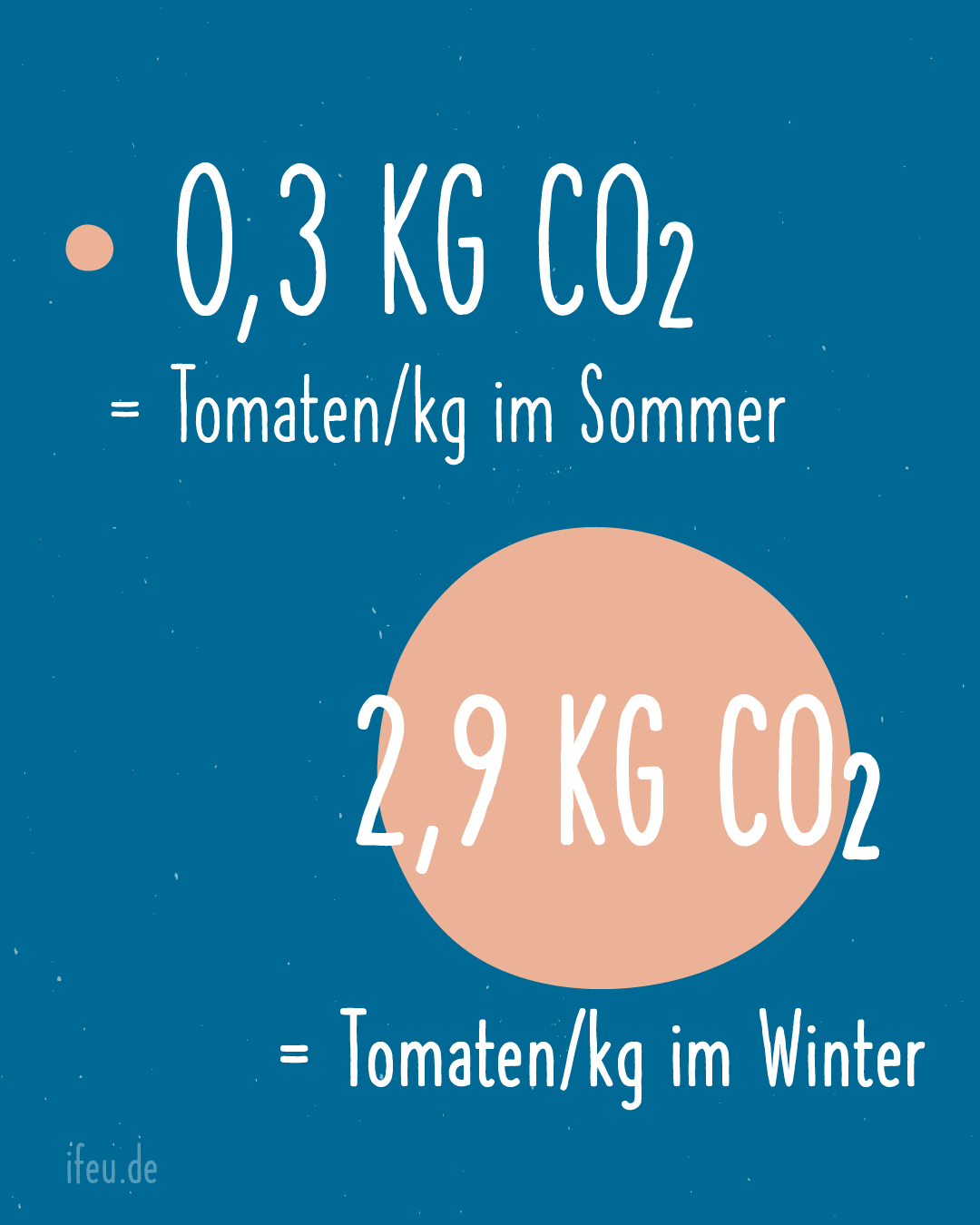 Weiß auf blauen/rosa Hintergrund: 0,3 kg CO2 = Tomaten/kg im Sommer, 2,9 kg CO2 = Tomaten/kg im Winter